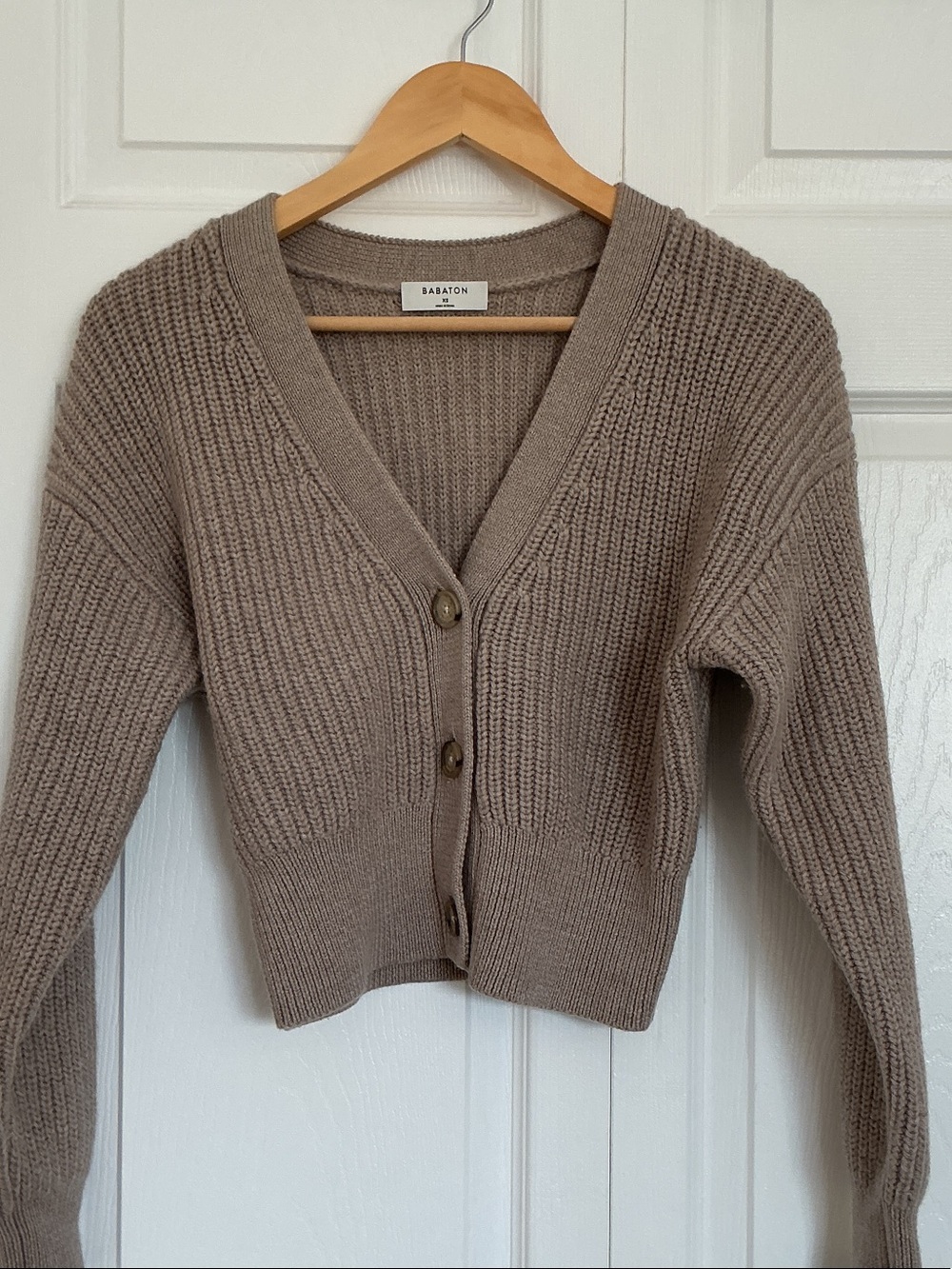 Babaton Taupe Cropped Ribbed V-Neck Button Cardigan